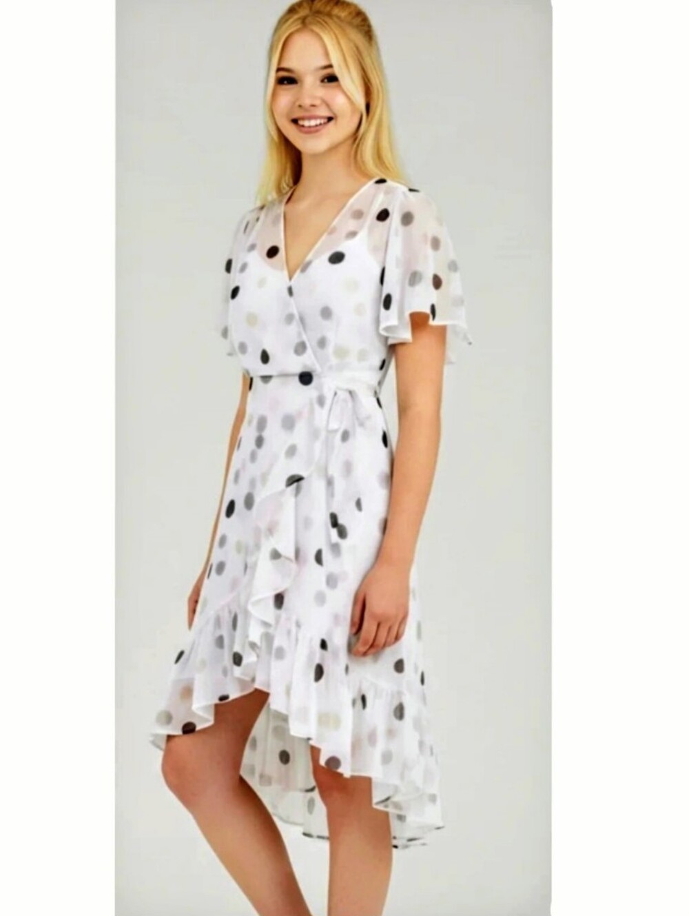 Calvin Klein Polka Dot Wrap Midi Dress in Ivory, Black and Pink Sz. 6 (S)